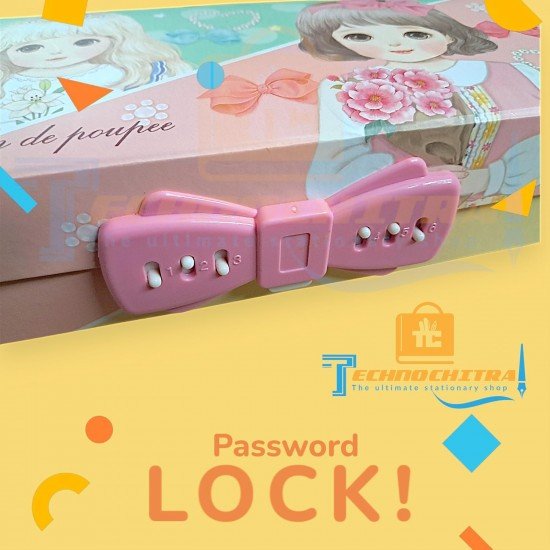 TECHNOCHITRA® Cute Doll Printed Multipurpose Password Lock Compass Pencil Box Stationery Organizer for Girls