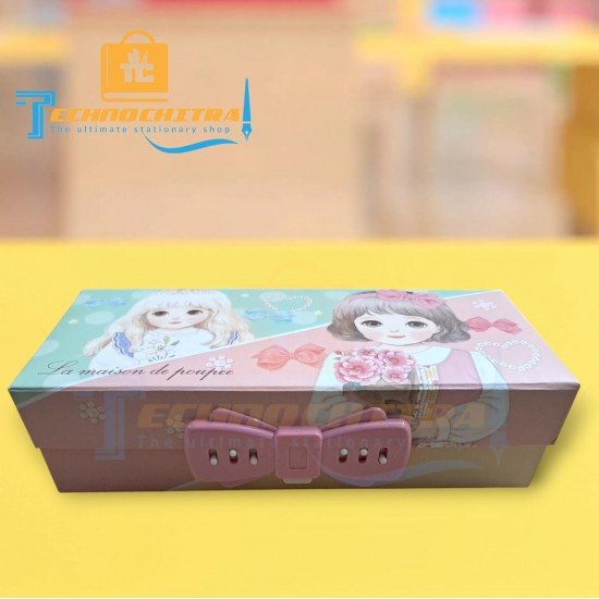 TECHNOCHITRA® Cute Doll Printed Multipurpose Password Lock Compass Pencil Box Stationery Organizer for Girls