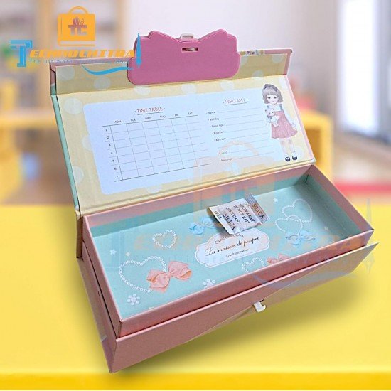 TECHNOCHITRA® Cute Doll Printed Multipurpose Password Lock Compass Pencil Box Stationery Organizer for Girls