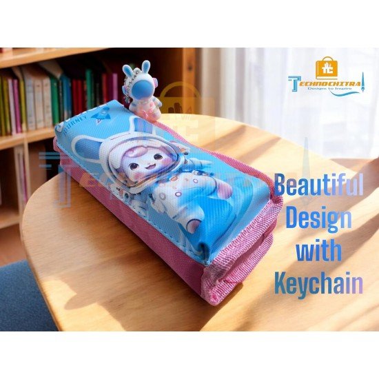 TECHNOCHITRA Space Rabbit Pencil Pouch for Girls - Cute Astronaut Keychain, Dual Zipper Canvas Pencil Box