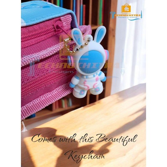 TECHNOCHITRA Space Rabbit Pencil Pouch for Girls - Cute Astronaut Keychain, Dual Zipper Canvas Pencil Box