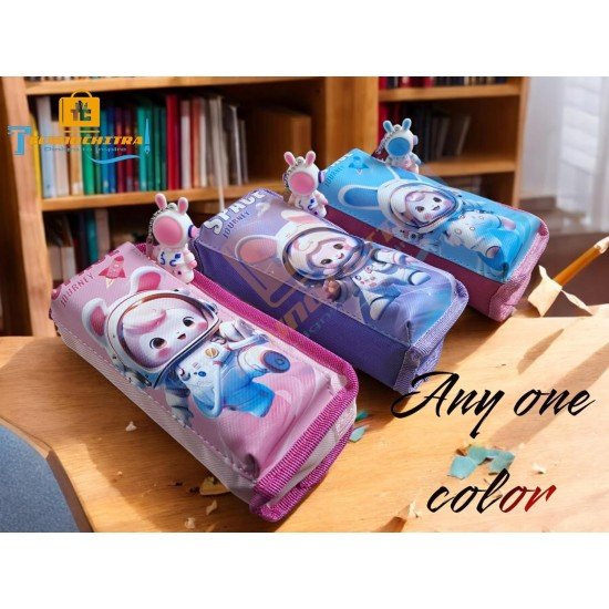 TECHNOCHITRA Space Rabbit Pencil Pouch for Girls - Cute Astronaut Keychain, Dual Zipper Canvas Pencil Box