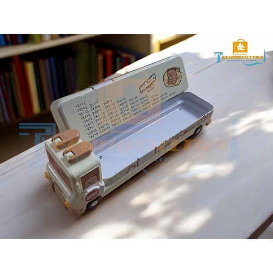 TECHNOCHITRA Rabbit Bus Pencil Box - Metal School Bus Shape with Sharpener - Dual Compartment Kids Pencil Box
