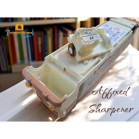 TECHNOCHITRA Rabbit Bus Pencil Box - Metal School Bus Shape with Sharpener - Dual Compartment Kids Pencil Box