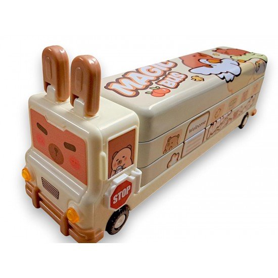 TECHNOCHITRA Rabbit Bus Pencil Box - Metal School Bus Shape with Sharpener - Dual Compartment Kids Pencil Box
