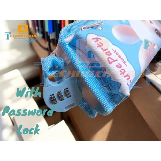 TECHNOCHITRA Cute Pencil Case with Lock, Blue Rabbit Design, Zipper Pouch for School Girls