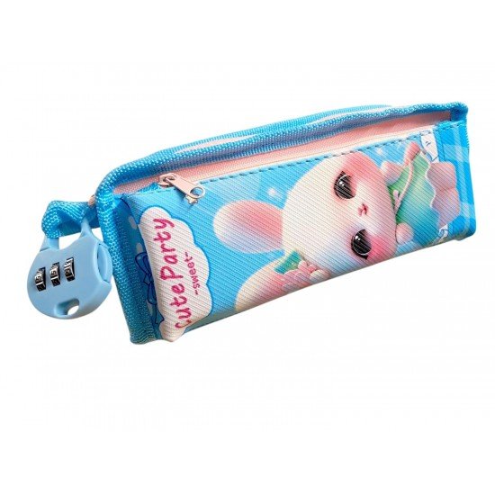 TECHNOCHITRA Cute Pencil Case with Lock, Blue Rabbit Design, Zipper Pouch for School Girls