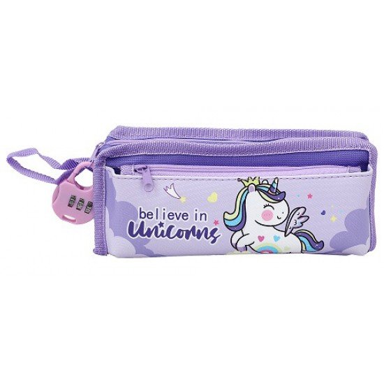 TECHNOCHITRA Unicorn Dual Zipper with Number Lock  Pencil Pouch PRPL