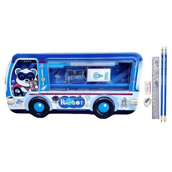 TECHNOCHITRA Adorable Kitten Printed Bus Shape Metal Compass Box with statationery Perfect for Girls TECHNOCHITRA Adorable Kitten Printed Bus Shape Metal Compass Box with statationery Perfect for Girls