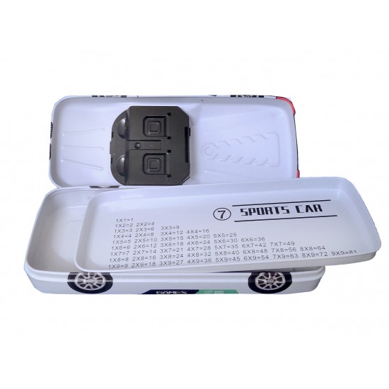 TECHNOCHITRA Amazing Metal Car Shape Dual Space Pencil Box with movable wheels, White