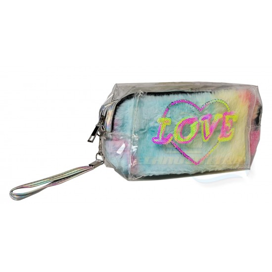 TECHNOCHITRA Love Duo Set of 2 Multipurpose Stationery Pouches Soft Fur and Translucent PVC Pouches for Girl