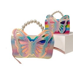 TECHNOCHITRA Fashion Sparkle Butterfly Sling Bag for Kids Girls | Glitter Purse with Pearl Handle and Adjustable Belt| Cute & Handy Multipurpose Pouch