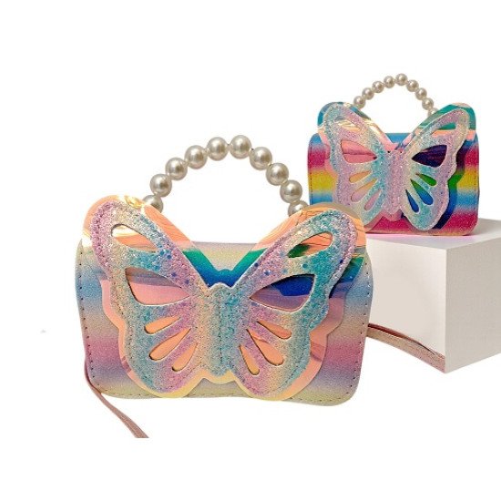 TECHNOCHITRA Fashion Sparkle Butterfly Sling Bag for Kids Girls | Glitter Purse with Pearl Handle and Adjustable Belt| Cute & Handy Multipurpose Pouch