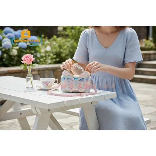 TECHNOCHITRA Fashion Sparkle Butterfly Sling Bag for Kids Girls | Glitter Purse with Pearl Handle and Adjustable Belt| Cute & Handy Multipurpose Pouch