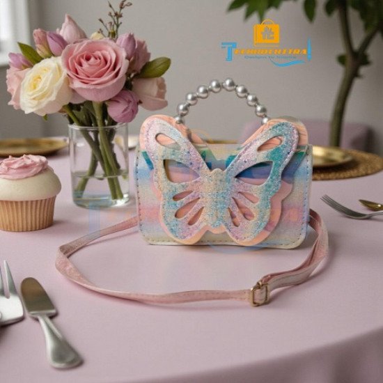 TECHNOCHITRA Fashion Sparkle Butterfly Sling Bag for Kids Girls | Glitter Purse with Pearl Handle and Adjustable Belt| Cute & Handy Multipurpose Pouch