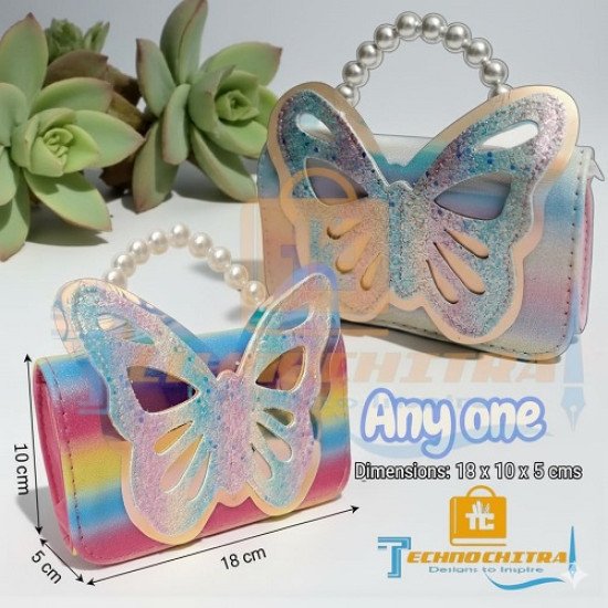 TECHNOCHITRA Fashion Sparkle Butterfly Sling Bag for Kids Girls | Glitter Purse with Pearl Handle and Adjustable Belt| Cute & Handy Multipurpose Pouch