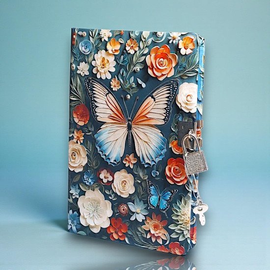 TECHNOCHITRA Aesthetic Butterfly & Flowers Lock Diary for Girls | Secret Journal with Lock & Key | Premium Stationery Gift Set for Kids, Teens & Women