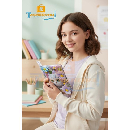 TECHNOCHITRA Adorable Kitty Printed Lock & Key Diary | Secret Writing Journal | Aesthetic Stationery Gift Set for Kids, Teens & Women | Password Lock Style Notebook