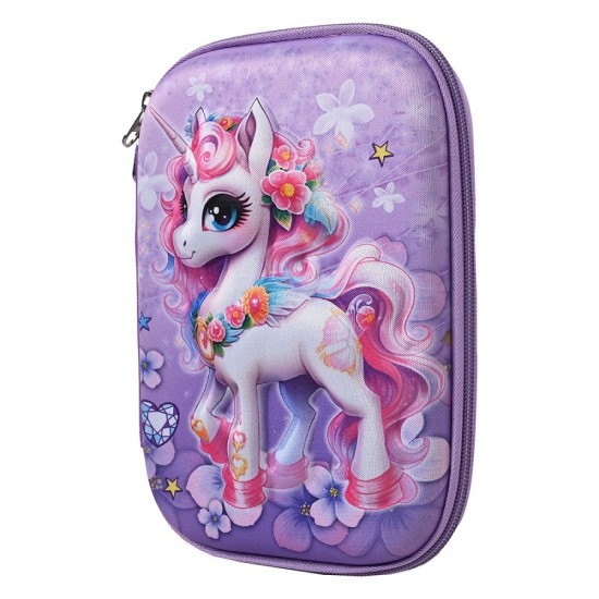 TECHNOCHITRA Whimsical Wonders 3D Unicorn Printed Violet Big Size Pencil Pouch for Girls