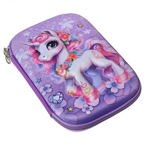 TECHNOCHITRA Whimsical Wonders 3D Unicorn Printed Violet Big Size Pencil Pouch for Girls TECHNOCHITRA Whimsical Wonders 3D Unicorn Printed Violet Big Size Pencil Pouch for Girls