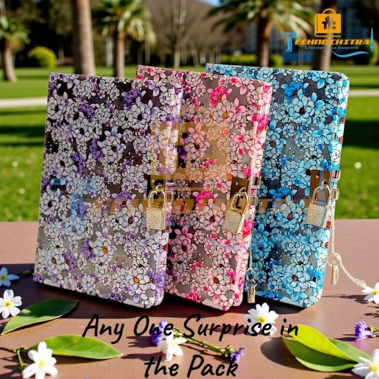 TECHNOCHITRA Floral Lock Diary for Girls with Key | Cute Secret Diary Journal | Beautiful Printed Notebook for Kids, Teens & Women | Gift Set for Birthday, Diwali, Return Gifts