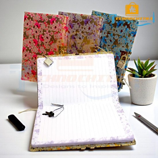 TECHNOCHITRA Floral Lock Diary for Girls with Key | Cute Secret Diary Journal | Beautiful Printed Notebook for Kids, Teens & Women | Gift Set for Birthday, Diwali, Return Gifts