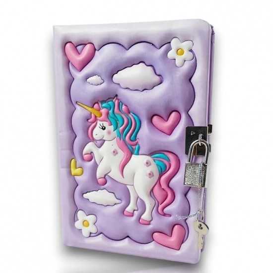 TECHNOCHITRA Unicorn Lock Diary for Girls | A5 Size Soft 3D Cover Notebook with Lock & Key | 160 Pages, Bookmark | Cute Designer Stationery Gift for Kids