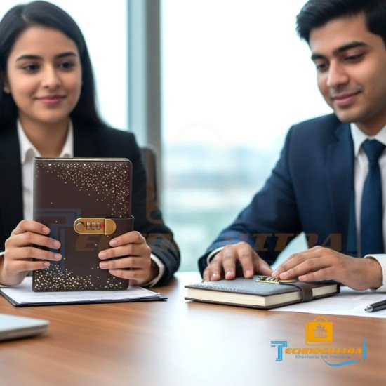 TECHNOCHITRA Golden Petals Lock Diary with Password | Elegant Leatherette Office Diary | Number Password Lock Journal for Notes, Planning & Privacy