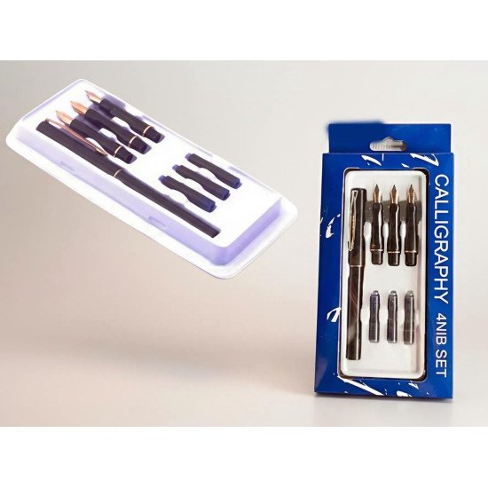 TECHNOCHITRA Calligraphy Fountain Pen Set with 4 Silver Plated Nibs & 3 Ink Cartridges-Pen for Hand Lettering, Arabic Calligraphy & Art