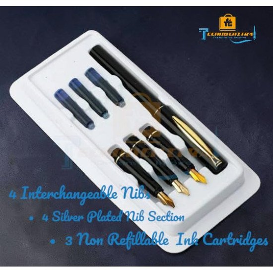 TECHNOCHITRA Calligraphy Fountain Pen Set with 4 Silver Plated Nibs & 3 Ink Cartridges-Pen for Hand Lettering, Arabic Calligraphy & Art