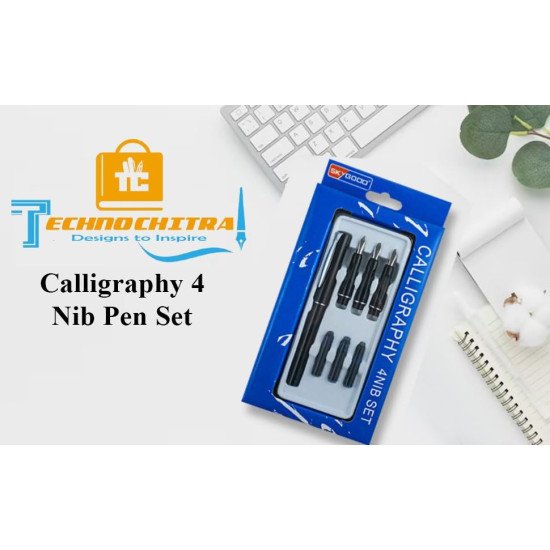 TECHNOCHITRA Calligraphy Fountain Pen Set with 4 Silver Plated Nibs & 3 Ink Cartridges-Pen for Hand Lettering, Arabic Calligraphy & Art