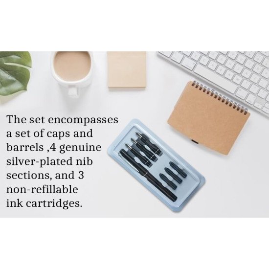 TECHNOCHITRA Calligraphy Fountain Pen Set with 4 Silver Plated Nibs & 3 Ink Cartridges-Pen for Hand Lettering, Arabic Calligraphy & Art