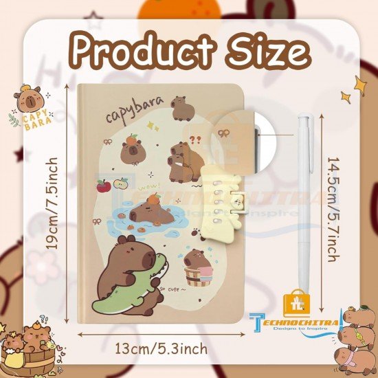 TECHNOCHITRA Beautiful Capybara Password Lock Diary with Pen | Secret Writing Notebook Journal Gift Set for Kids, Girls & Adults | Cute Stationery Diary with Lock & Pen