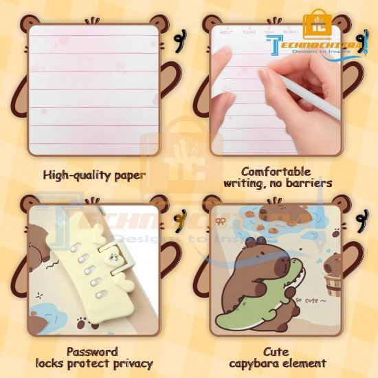 TECHNOCHITRA Beautiful Capybara Password Lock Diary with Pen | Secret Writing Notebook Journal Gift Set for Kids, Girls & Adults | Cute Stationery Diary with Lock & Pen