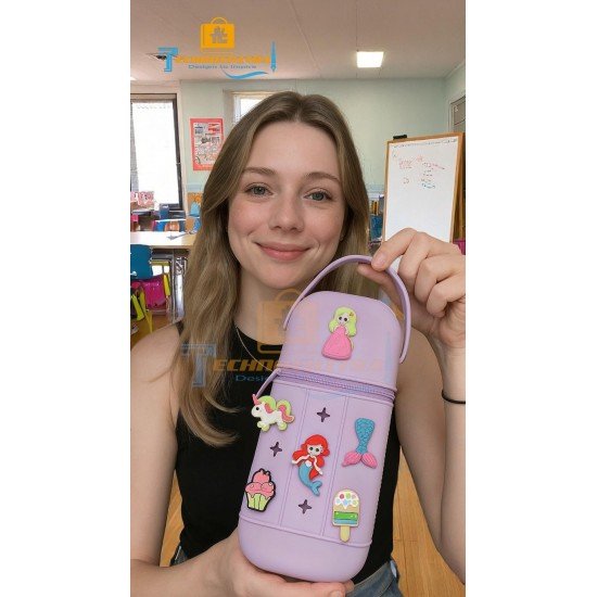 TECHNOCHITRA Silicone Cartoon Pouch for Girls | Flexible Zipper Pouch with Detachable Cute Charms | Stylish Pencil Case for School & College