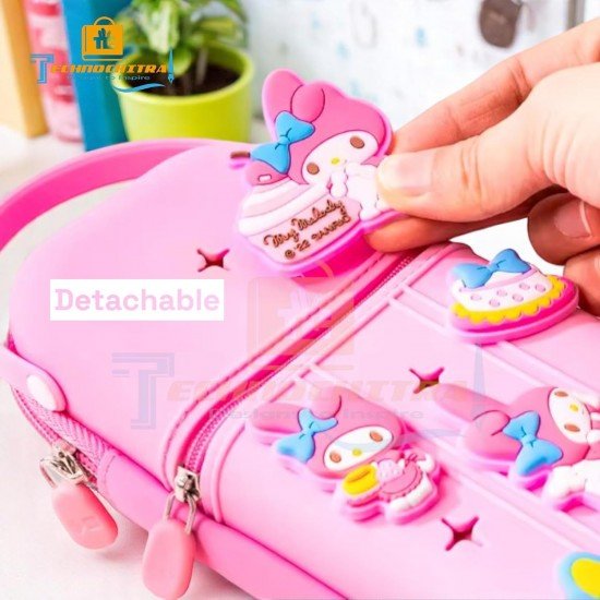 TECHNOCHITRA Silicone Cartoon Pouch for Girls | Flexible Zipper Pouch with Detachable Cute Charms | Stylish Pencil Case for School & College