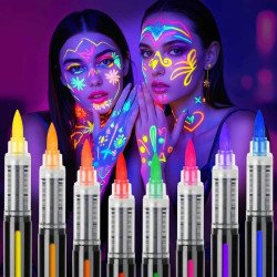 UV Glow Face & Body Paint Markers – 8 Colors Glow in the Dark Neon Face Paint Pens | UV Reactive Body Paint for Face Painting, Temporary Tattoo, Festivals, Halloween, Rave Party | Washable Skin-Safe Body Markers