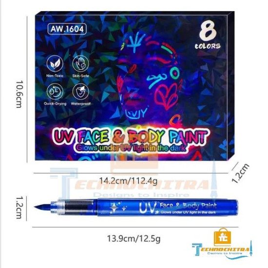 UV Glow Face & Body Paint Markers – 8 Colors Glow in the Dark Neon Face Paint Pens | UV Reactive Body Paint for Face Painting, Temporary Tattoo, Festivals, Halloween, Rave Party | Washable Skin-Safe Body Markers UV Glow Face & Body Paint Markers – 8 Colors Glow in the Dark Neon Face Paint Pens | UV Reactive Body Paint for Face Painting, Temporary Tattoo, Festivals, Halloween, Rave Party | Washable Skin-Safe Body Markers